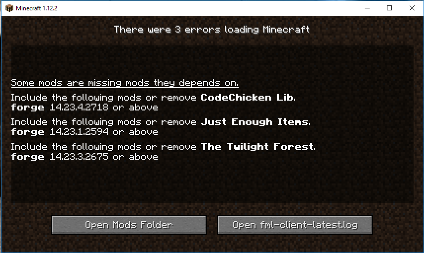 майнкрафт forge ошибка there was a fatal error starting up minecraft and fml minecraft cannot launch in it s current configuration please consult the file c: users home adddata roamina minecraft foraemodloader-client-q.loa for further info