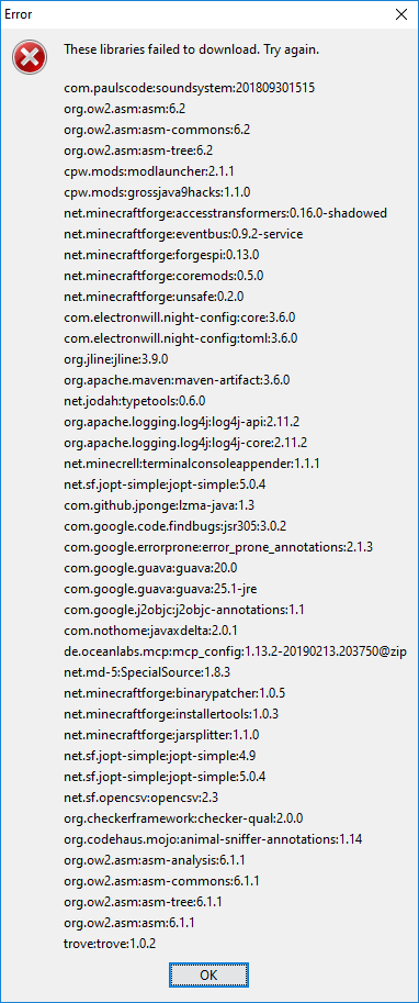 Forge 1 13 2 25 0 219 Libraries Failed To Download Help Support Bug Reports Forge Forums